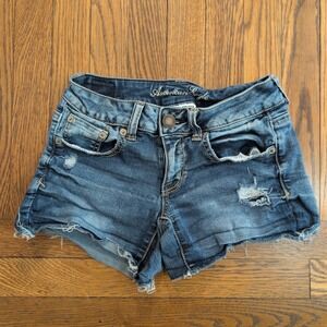 American Eagle Super Stretch Shortie Shorts Blue Distressed Cut Off Low Rise 2
